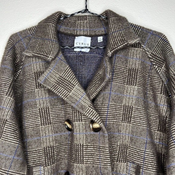 Cyrus Knits Brown & Blue Glen Plaid Collared Peacoat Sweater Jacket Sz S - Picture 3 of 11